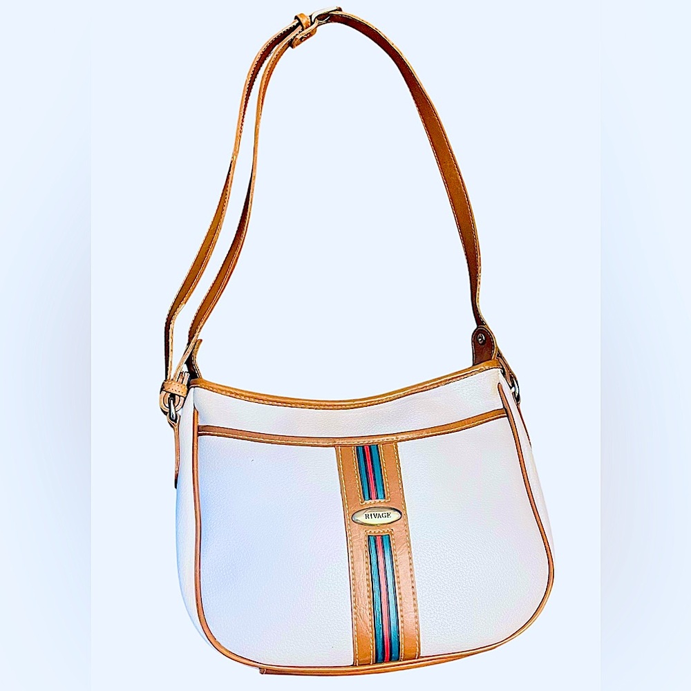 Rivage Vintage White Leather Shoulder Bag | Green Red Stripe | Preppy Coastal